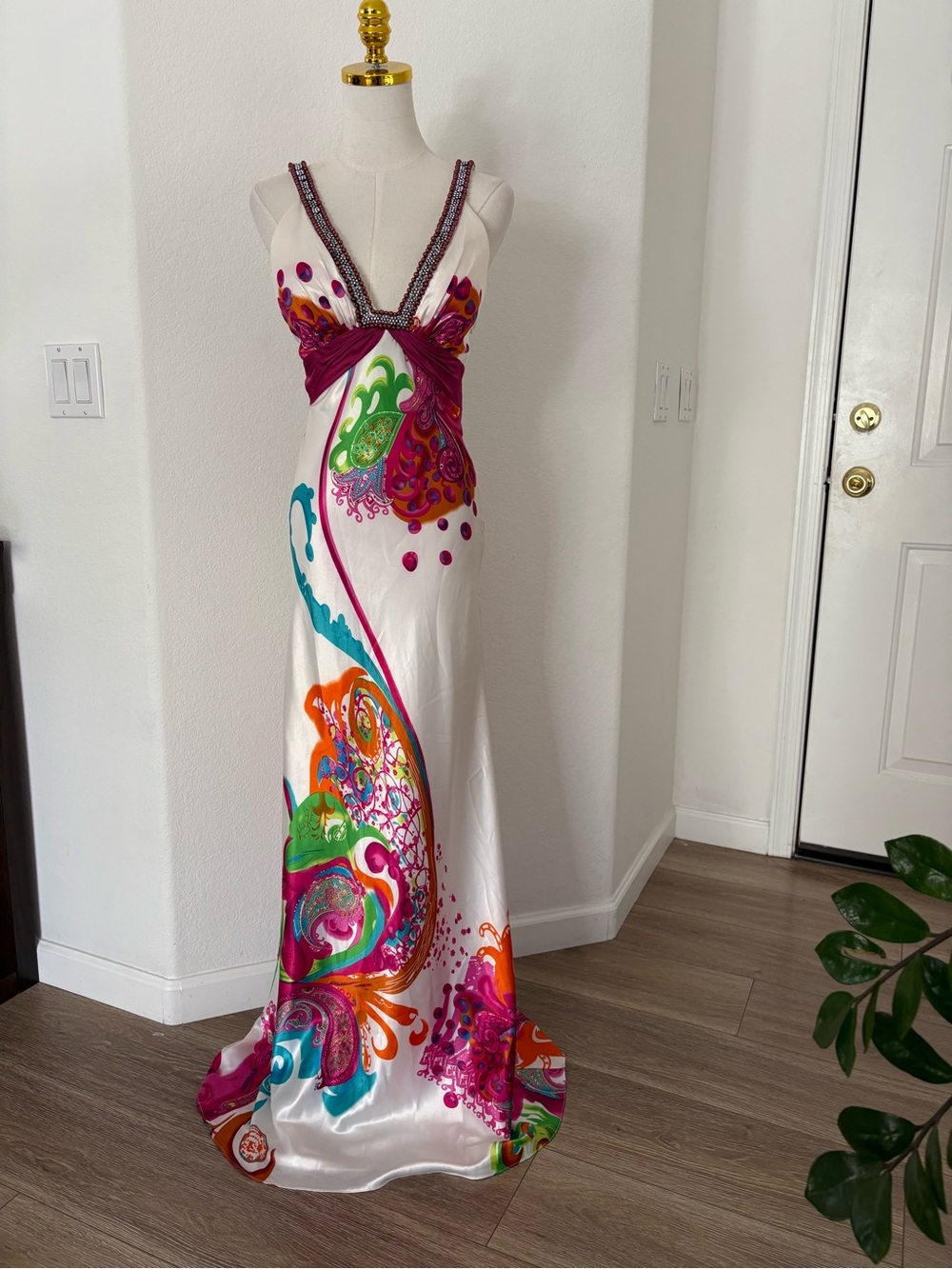 White Multicolor V-Neck Maxi Dress with Magenta Accents